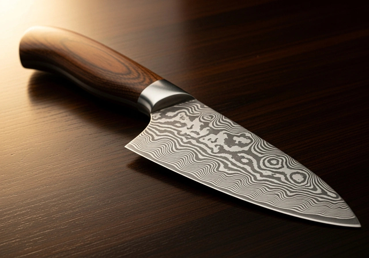 Finished handcrafted Damascus kitchen knife with ergonomic handle, revealing intricate steel patterns