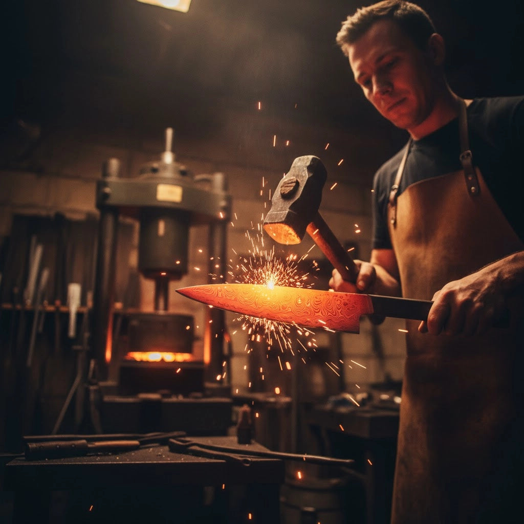 A close-up of a glowing, red-hot piece of Damascus steel being twisted during the forging process, revealing its emerging layered patterns.