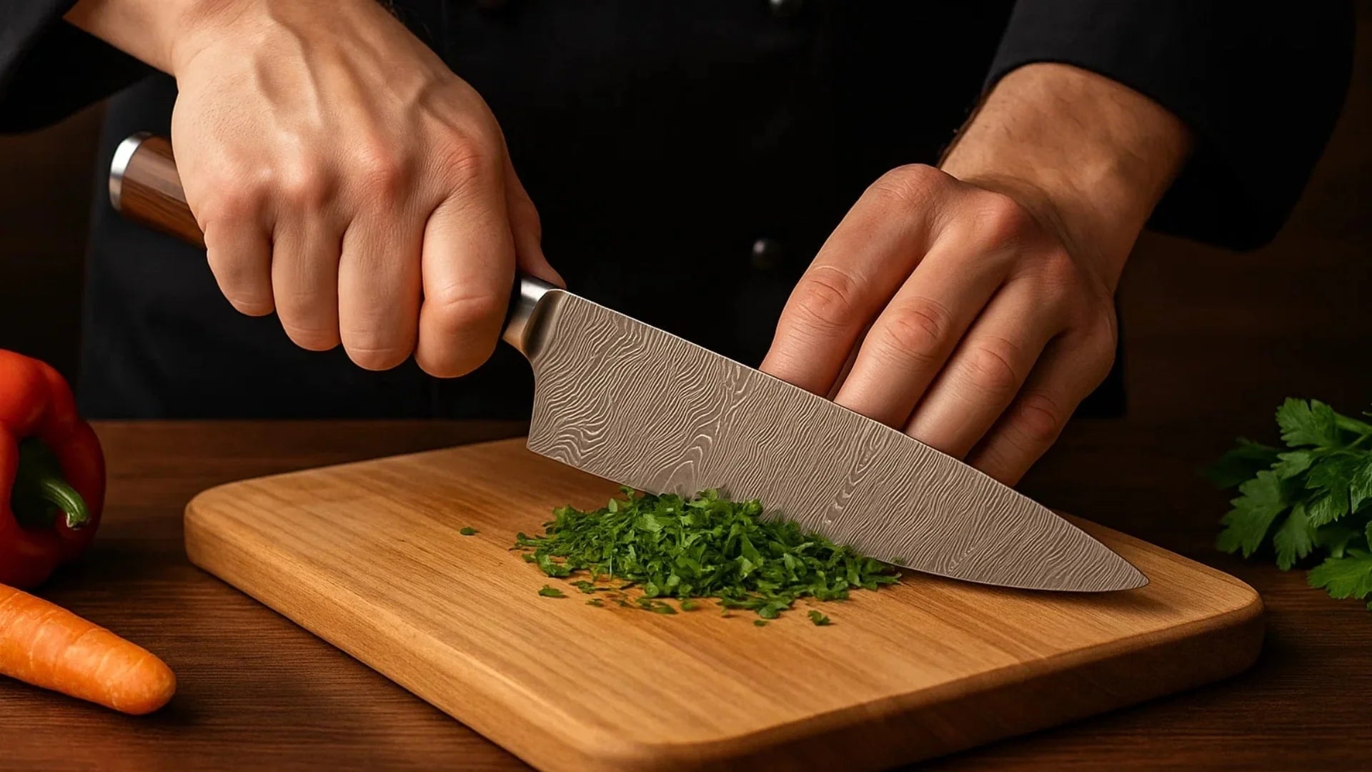 Person chopping herbs on a wooden cutting board with a knife