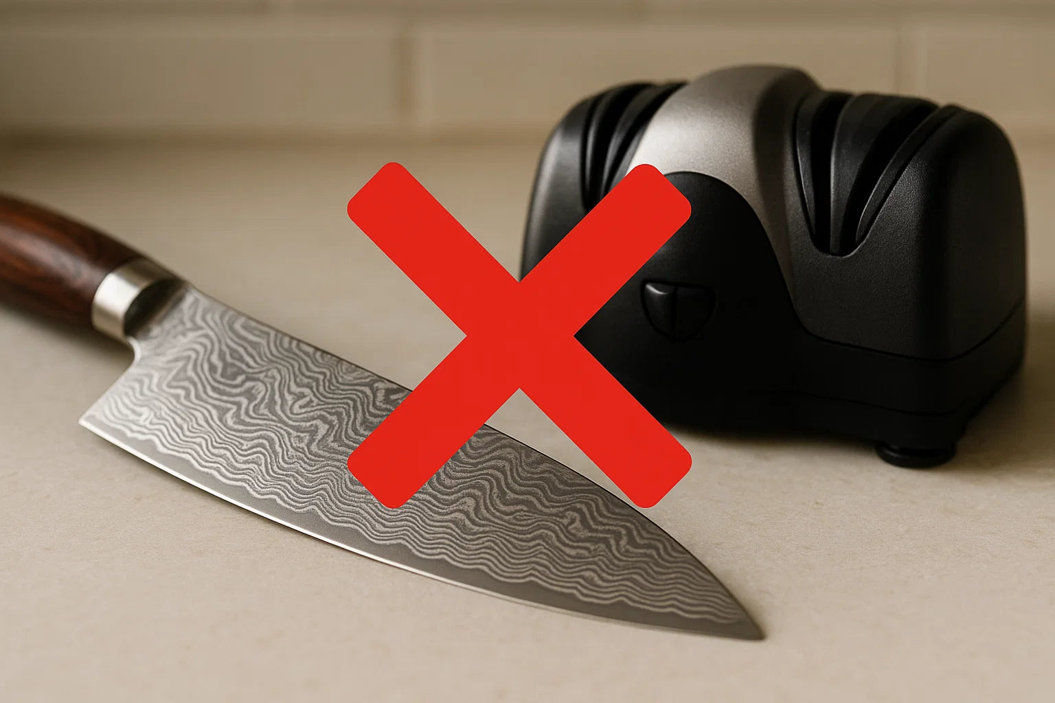 A close-up image of a Damascus steel knife beside an electric knife sharpener, with a visual warning sign or red “X.” Show the blade’s intricate wavy Damascus pattern. The sharpener looks harsh or unsuitable for fine blades. The scene is on a clean kitchen countertop with soft lighting, emphasizing that electric sharpeners can damage delicate Damascus steel.