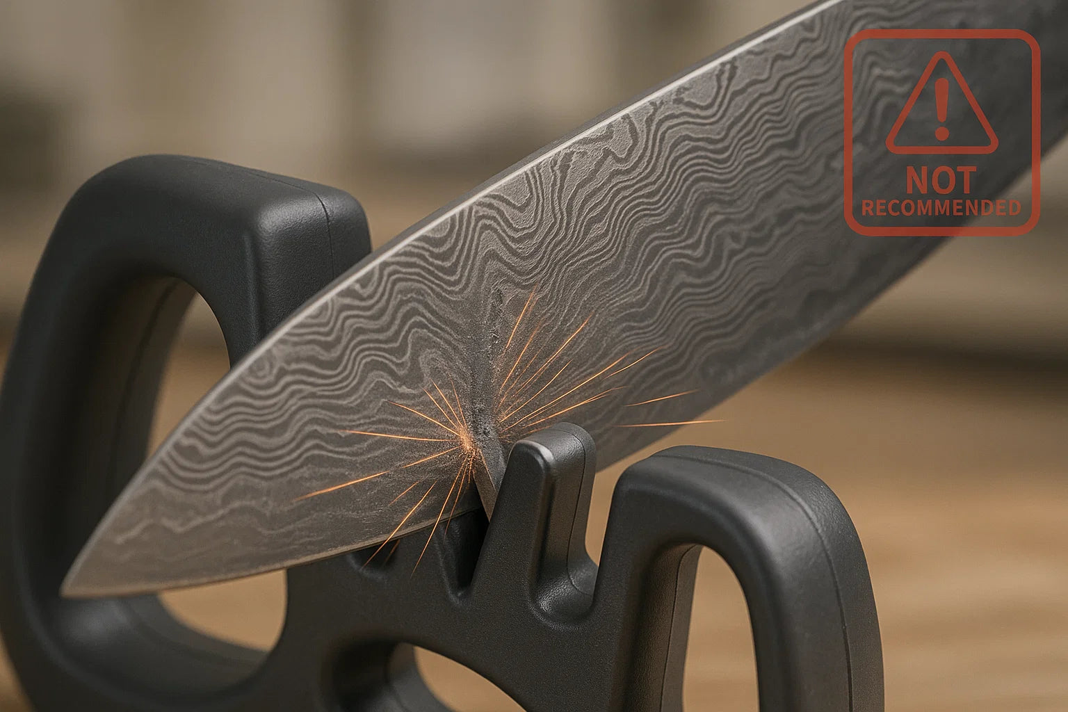 A pull-through carbide knife sharpener scraping a Damascus steel knife edge, with sparks or scraping marks to show damage. Add a subtle red warning icon indicating “Not Recommended.” Close-up focus on the blade’s patterned steel being harmed by rough carbide inserts. Neutral background with a kitchen or workshop feel.