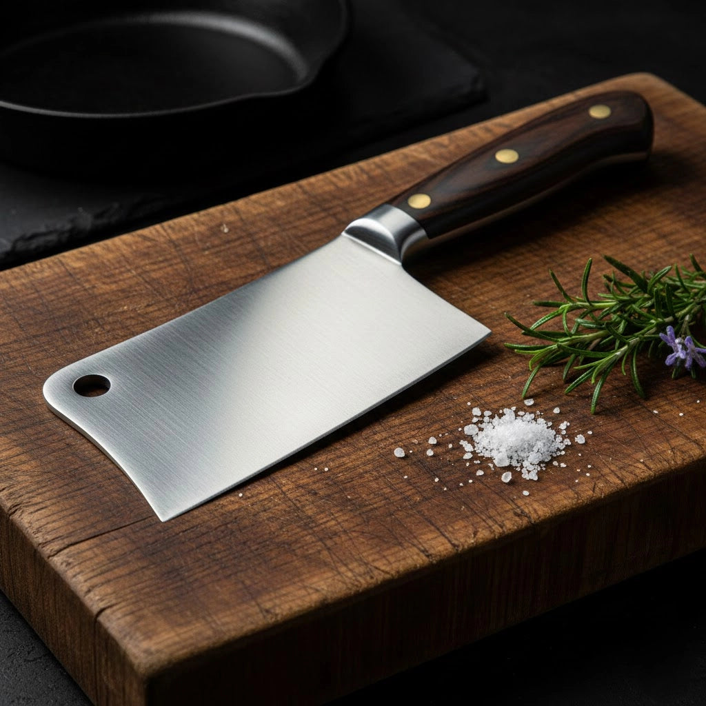 A high-end meat cleaver resting on a rustic wooden cutting board next to a sprig of rosemary and sea salt, professional food photography, moody lighting.