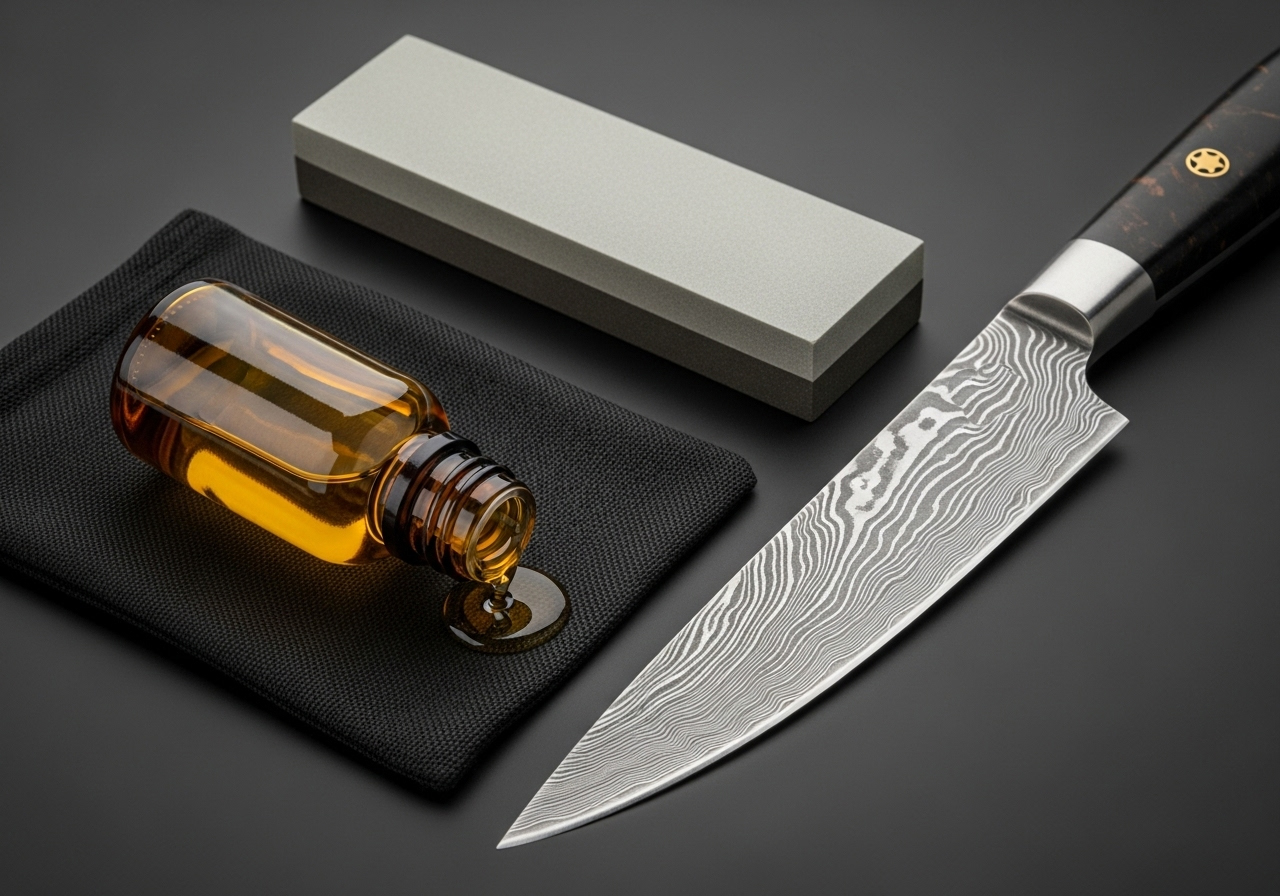 Knife care kit for Damascus steel, showing oil and soft cloth.
