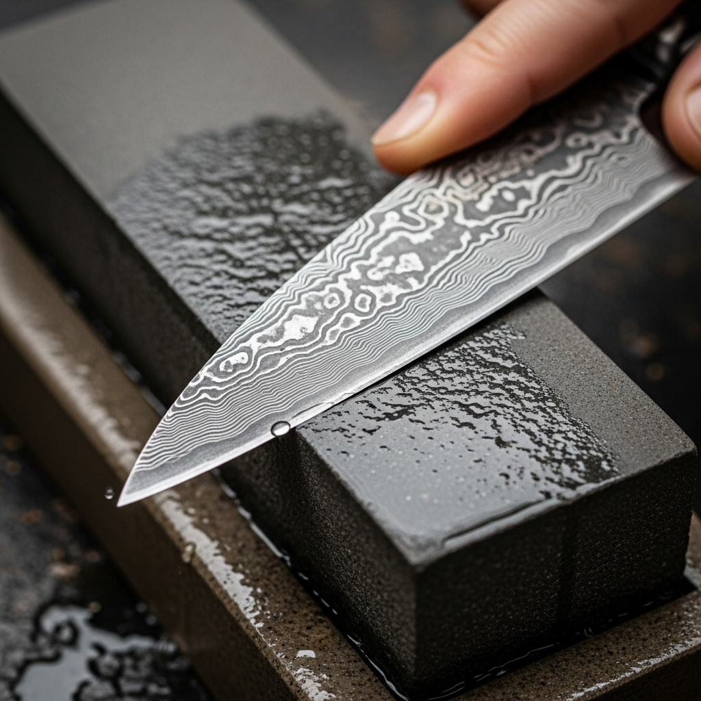 Sharpening a Damascus knife on a coarse grit whetstone, demonstrating proper angle and hand position.'