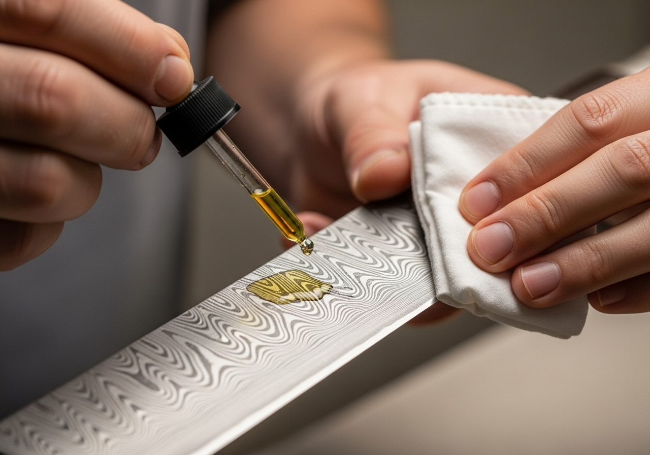 Applying and spreading food-grade mineral oil on a Damascus steel knife blade for protection
